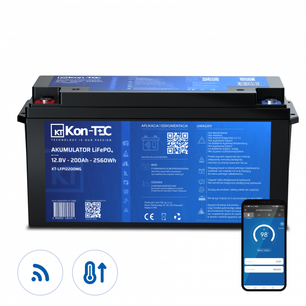 Akumulator LiFePO4 12V (12,8V) 200Ah Kon-TEC Maty grzewcze komunikacja bezprzewodowa 12000 cykli